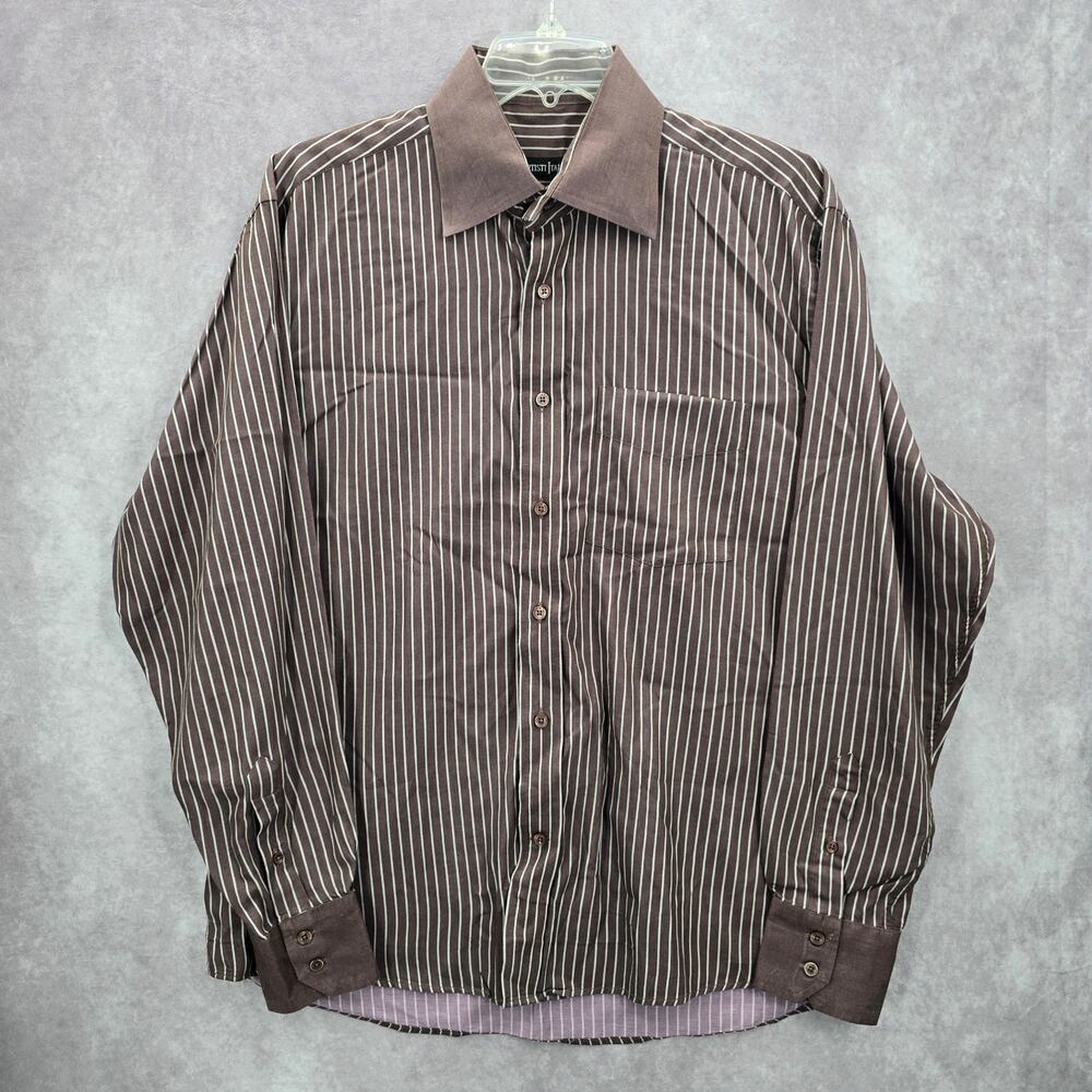 Artisti Italiani Brown Stripe Mens Cotton Button Down Long Sleeve Shirt XXL 43‎